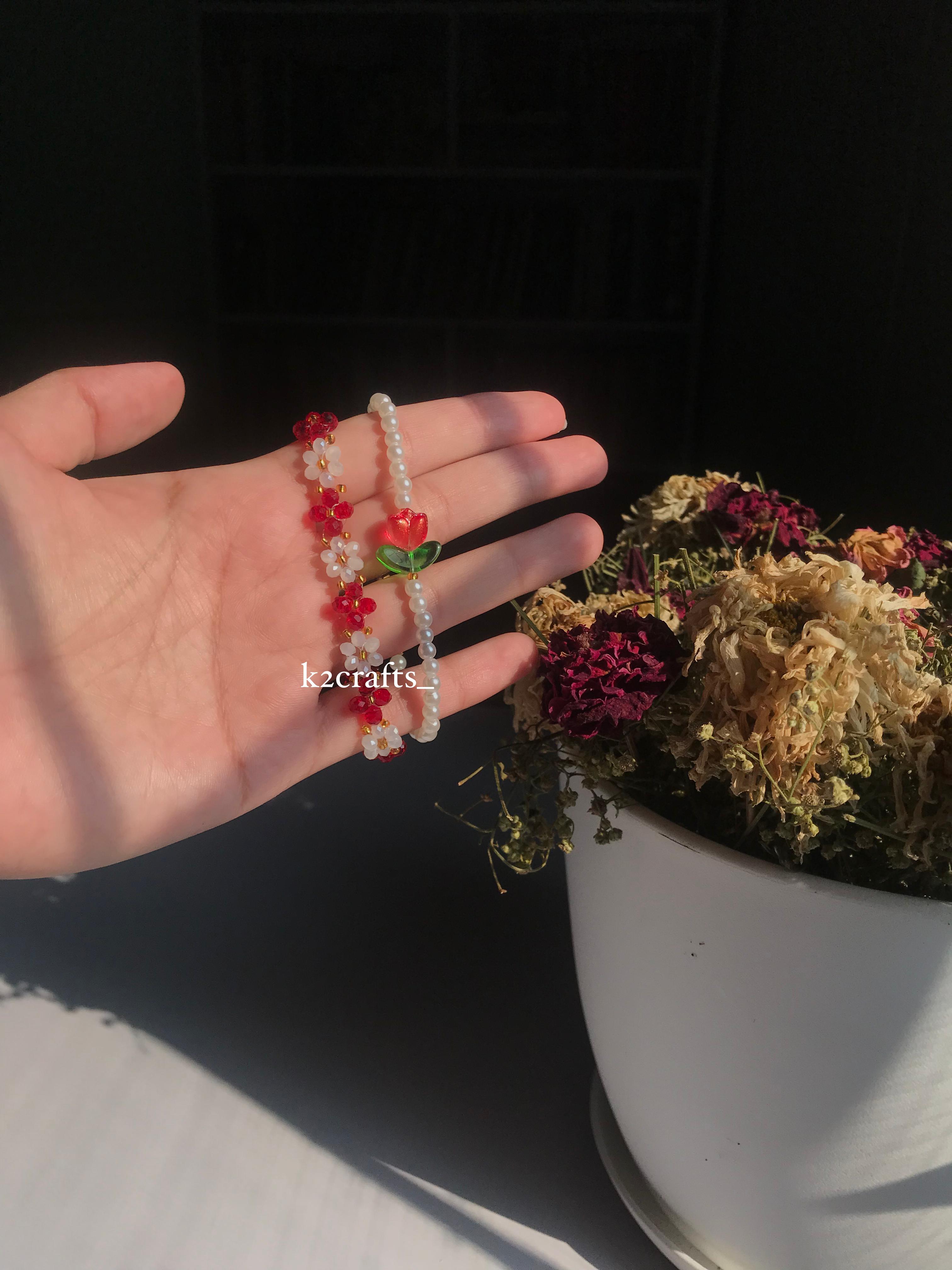 Red Tulip and Crystal Floral Bracelet Pair