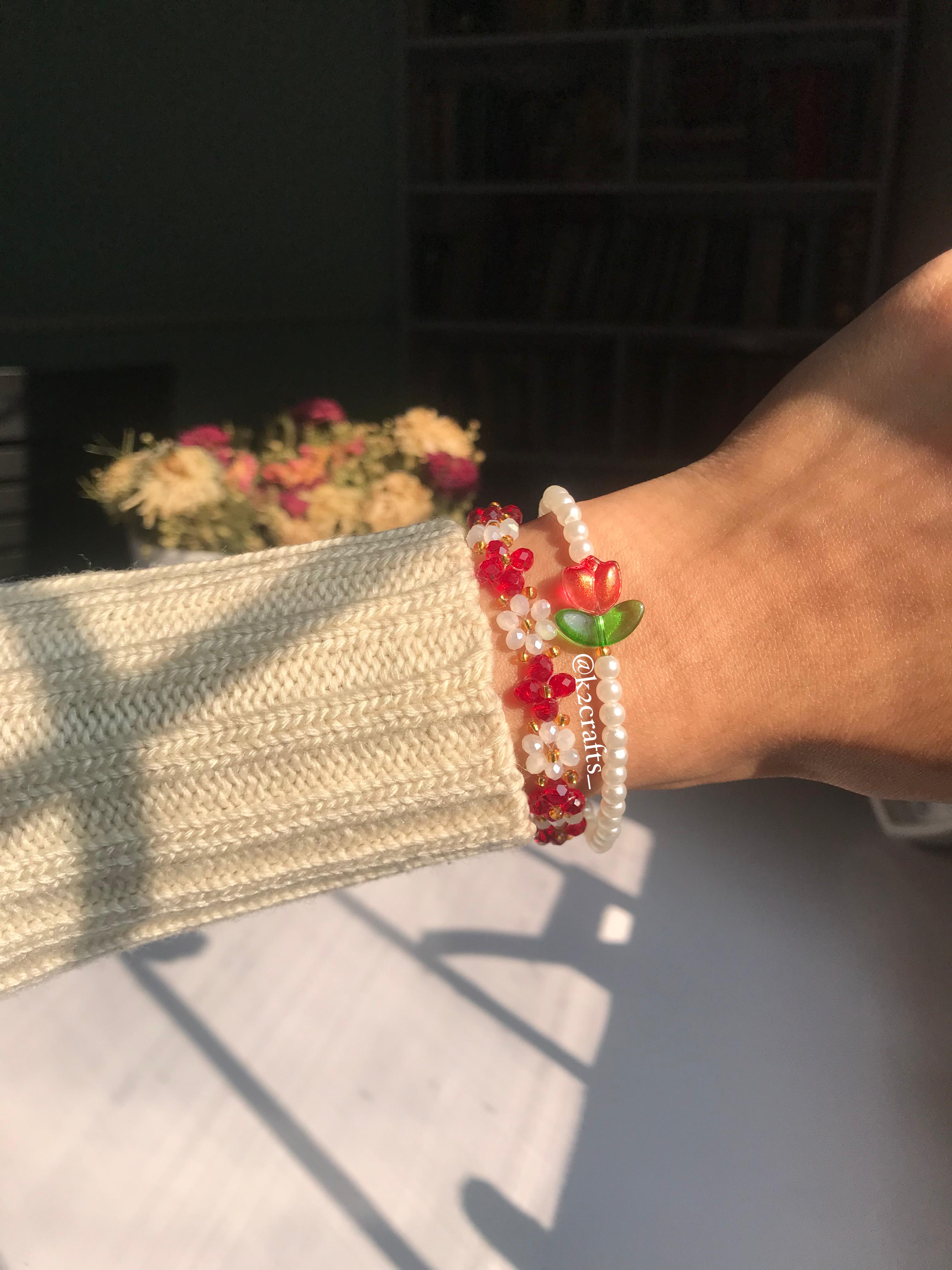 Red Tulip and Crystal Floral Bracelet Pair