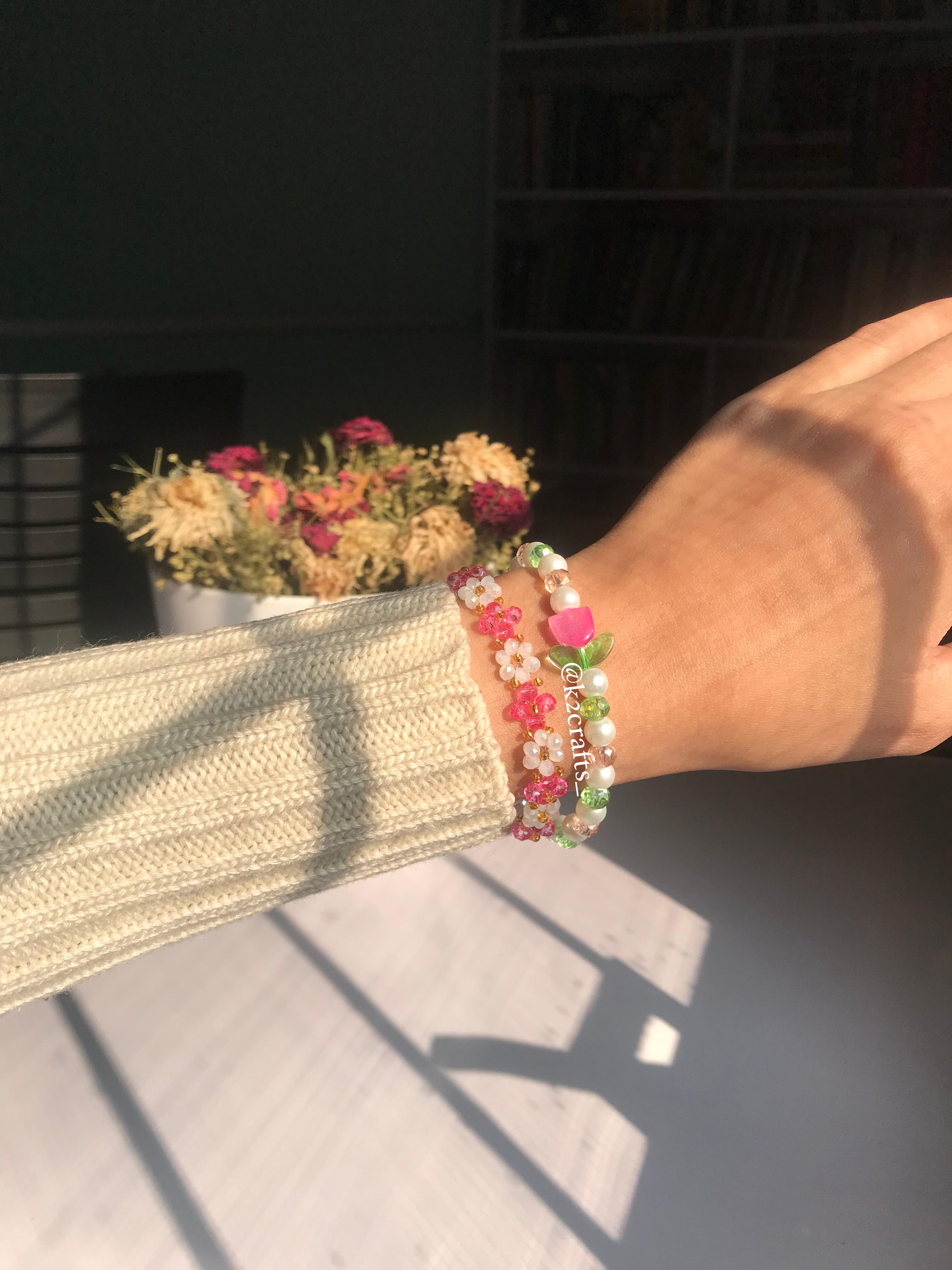 Pink Tulip and Crystal Floral Bracelet Pair 