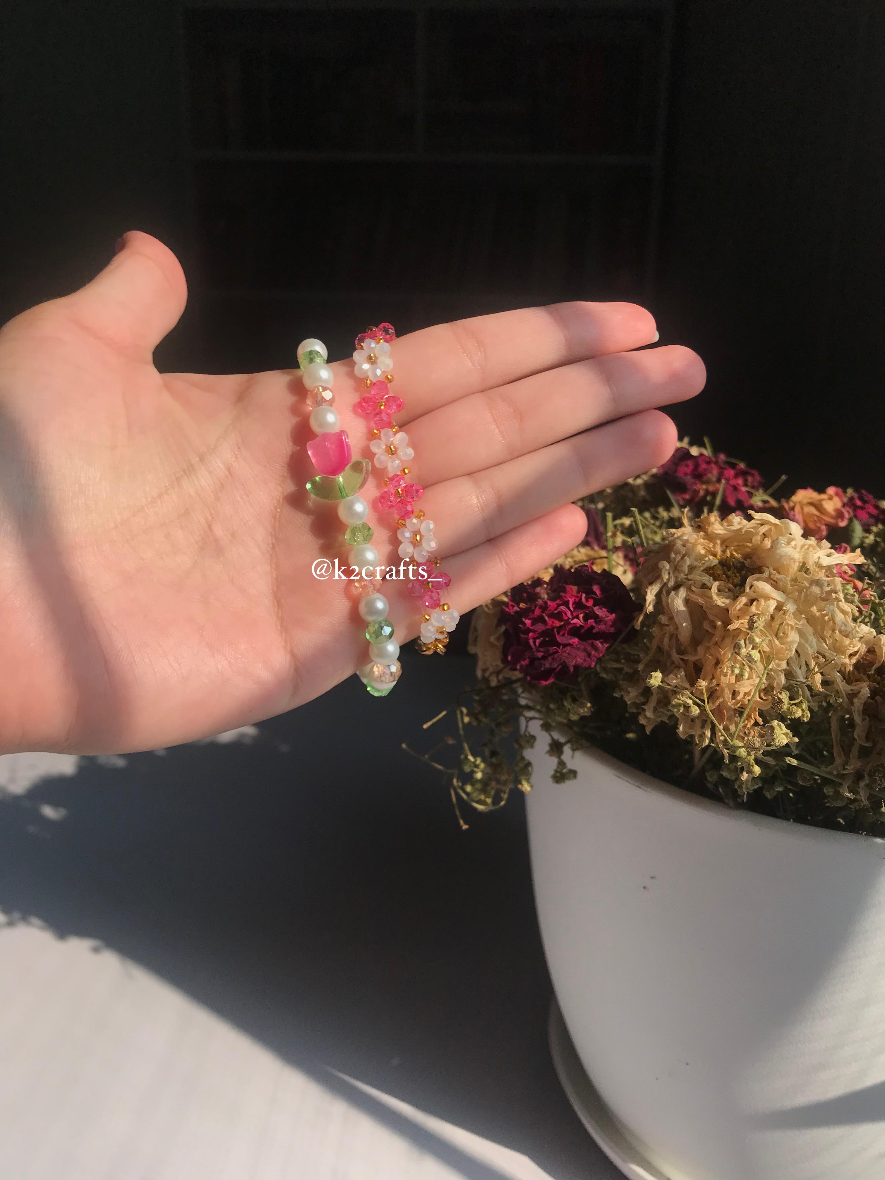 Pink Tulip and Crystal Floral Bracelet Pair 