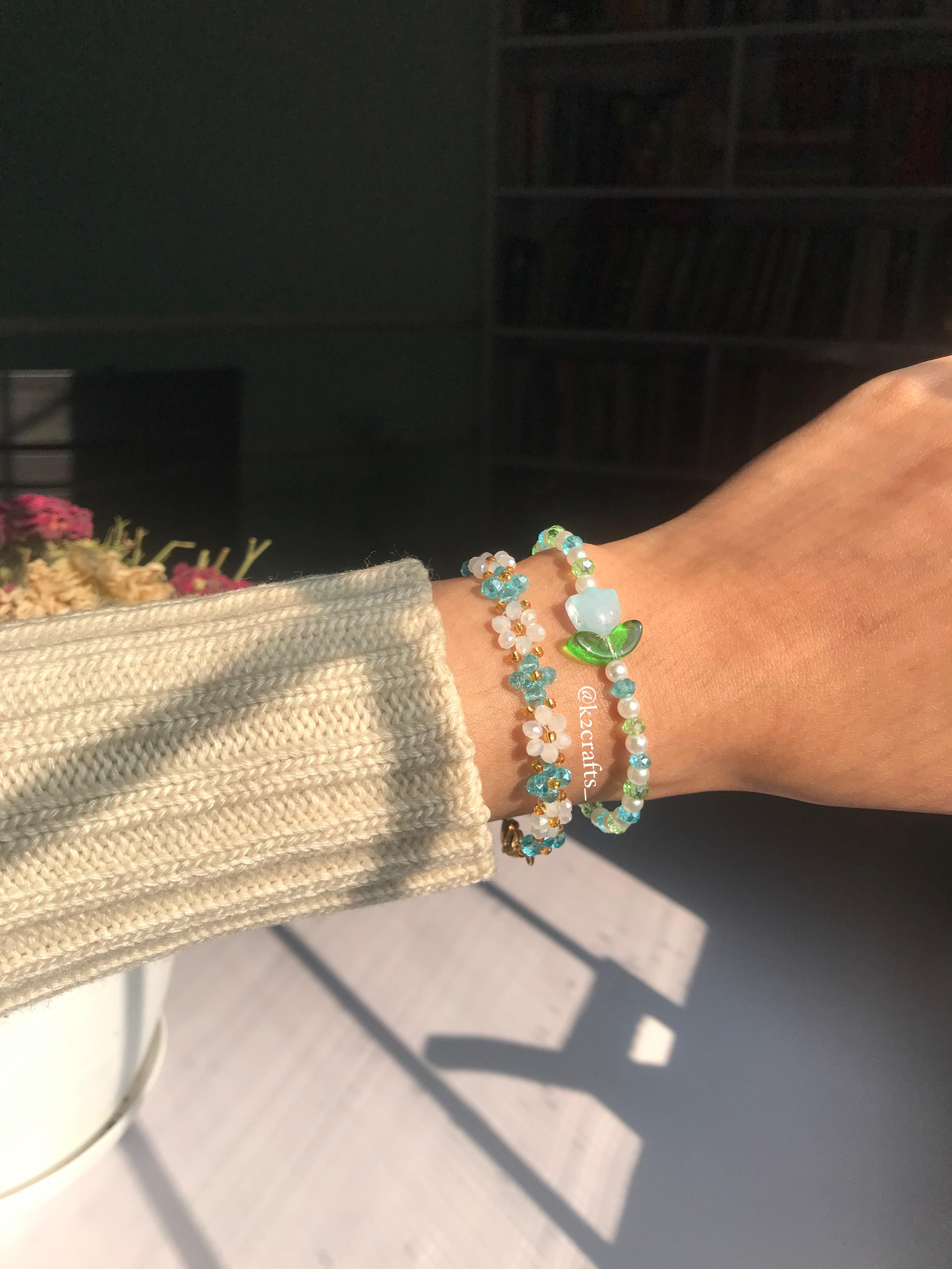 Blue Tulip and Crystal Floral Bracelet Pair 