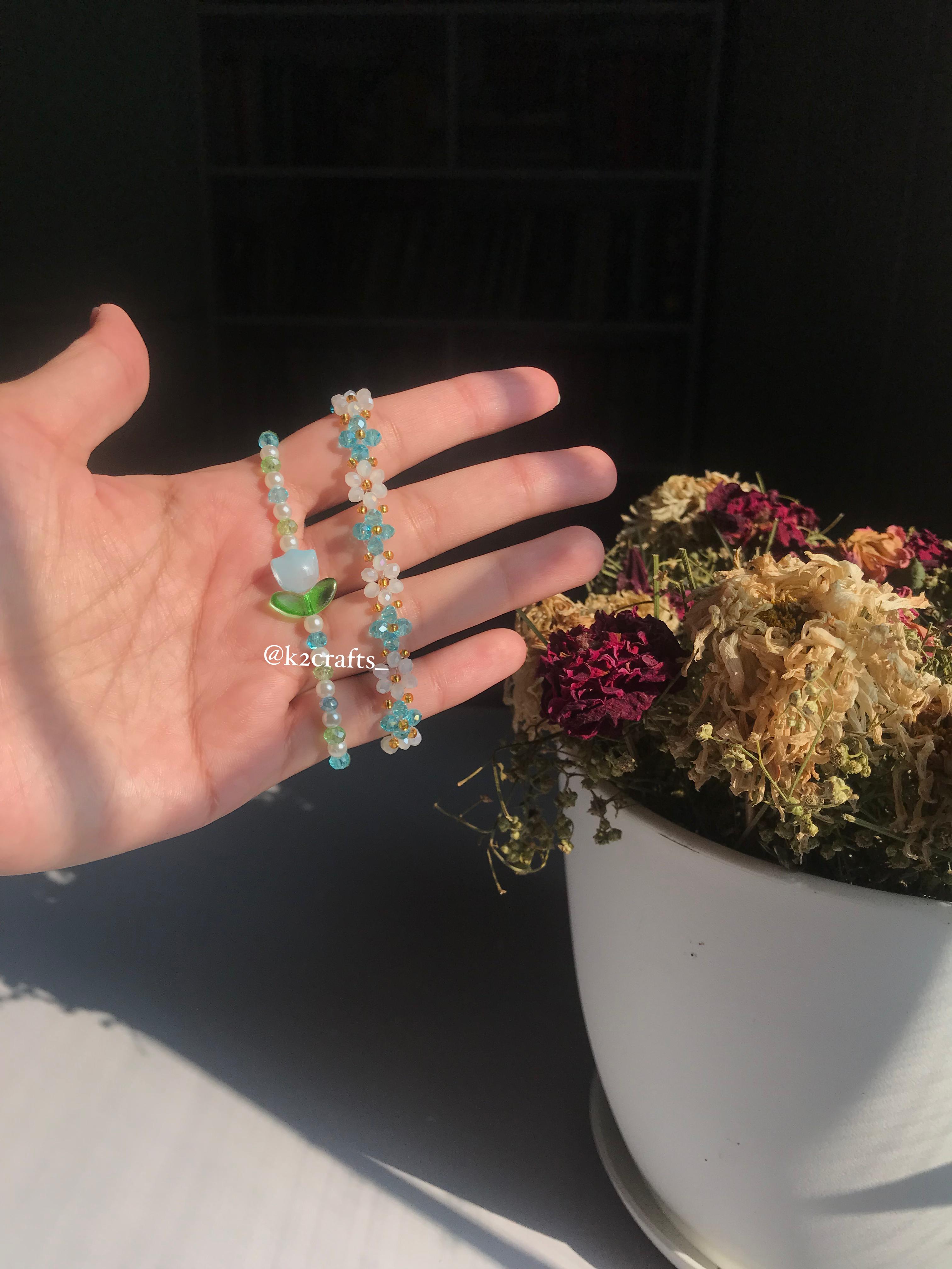 Blue Tulip and Crystal Floral Bracelet Pair 