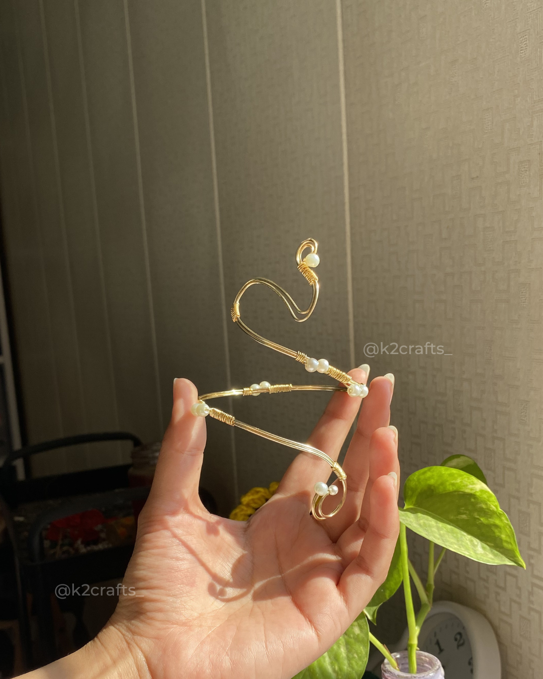 Gold-Plated Wire Arm Cuff with Pearl Accents | Adjustable Celestial Upper Arm Band