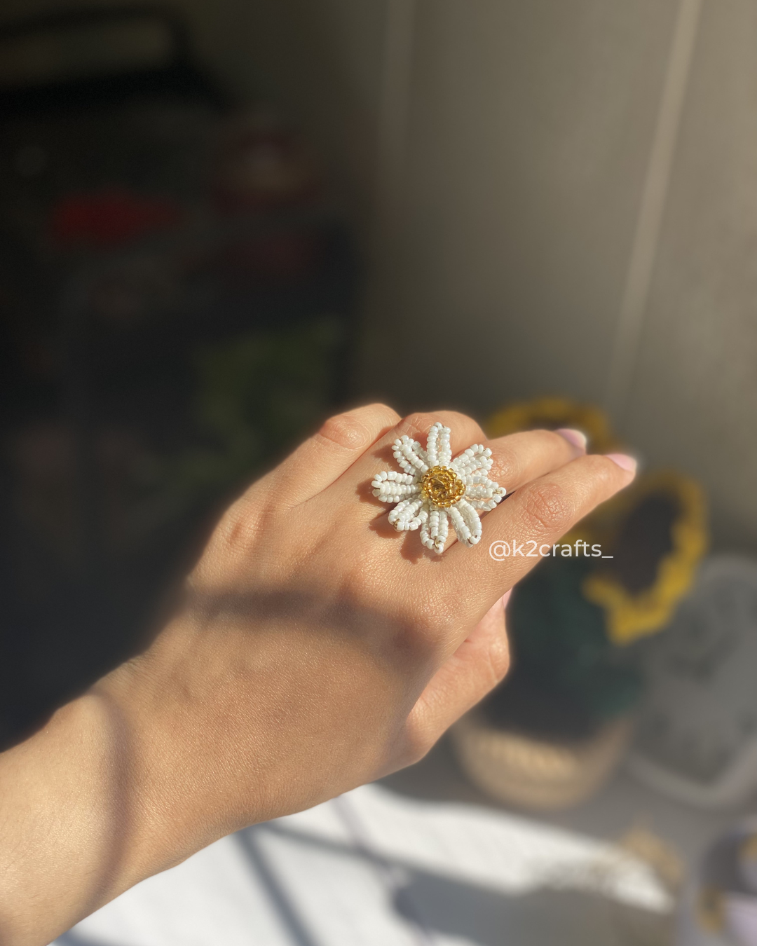 Beaded Daisy Statement Ring