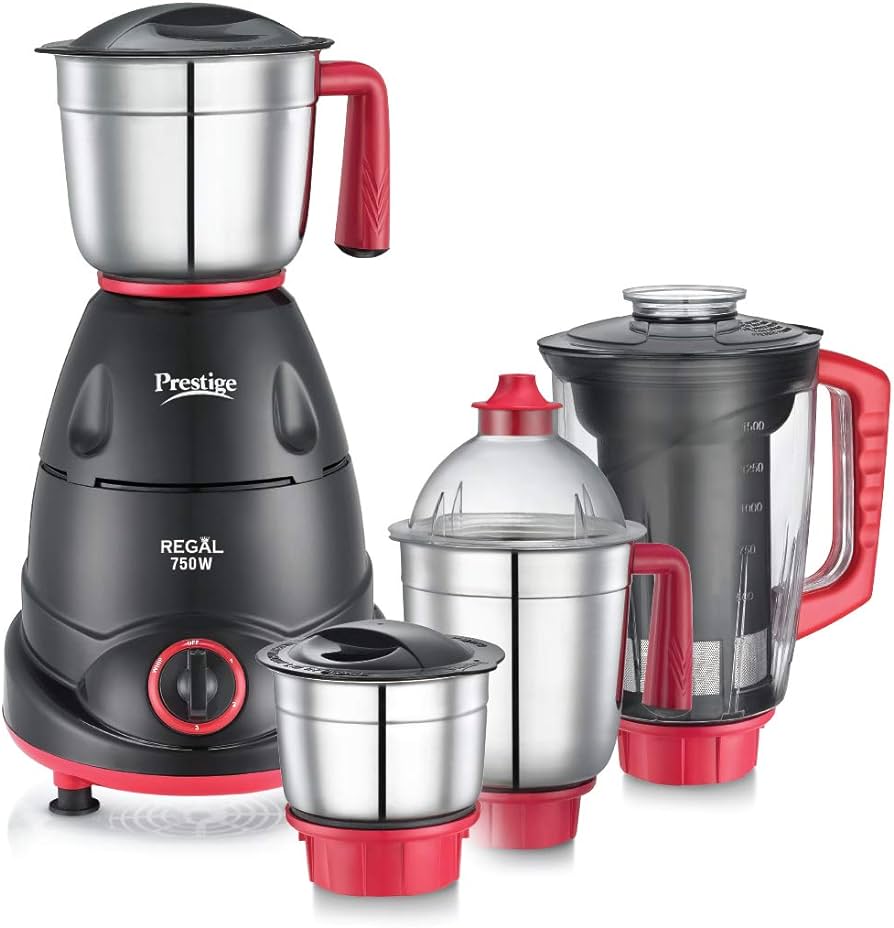 Prestige Regal 750 Watt Juicer Mixer Grinder 4 Jars Red and Black