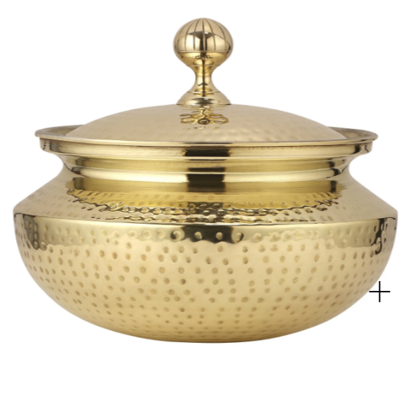  Pure Brass Patili Handi for cooking with kalai inside and hammered finish with lid 