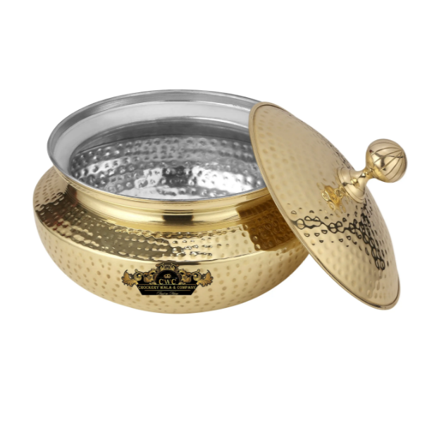  Pure Brass Patili Handi for cooking with kalai inside and hammered finish with lid 