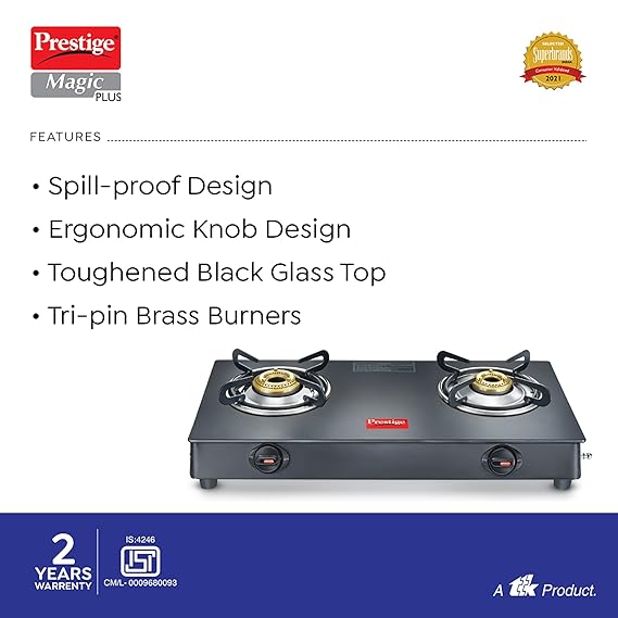 Prestige Magic plus Toughened Glass-Top 2 Brass Burner