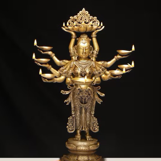 Brass Deep Lakshmi Statue with 10 Hands  25.19 INCHES ( 64 CM )