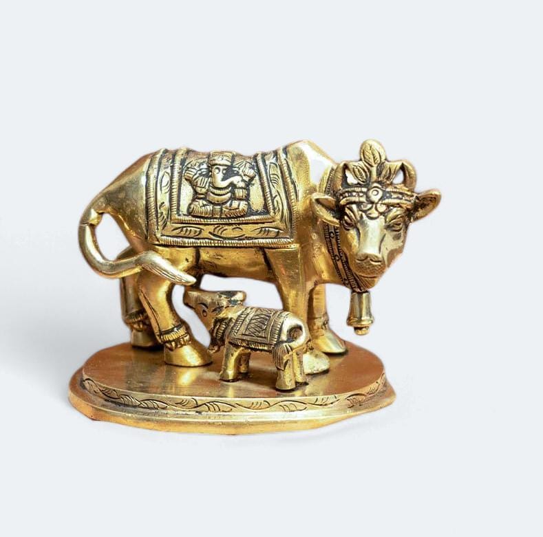 Pure Brass Kamdhenu Cow with Calf Idol
