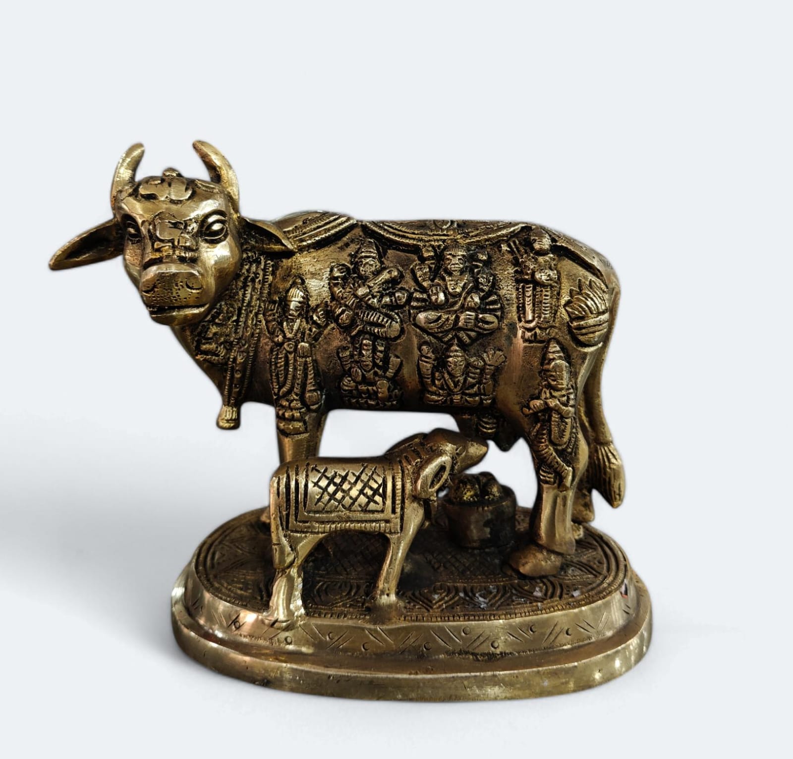 Pure Brass Kamdhenu Cow with Calf Idol Height 12 Cm