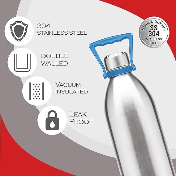 Milton Duo DLX 2200 Thermosteel Water Bottles 24 Hours Hot and Cold, Easy to Carry, Easy Grip, Rust Proof, Tea, Coffee, Office, Travel Bottle, Silver