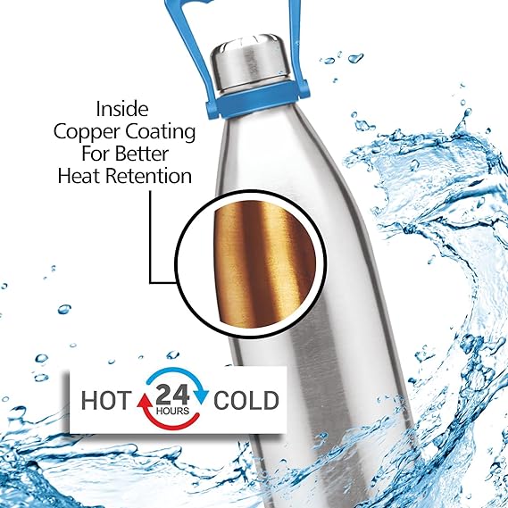 Milton Duo DLX 2200 Thermosteel Water Bottles 24 Hours Hot and Cold, Easy to Carry, Easy Grip, Rust Proof, Tea, Coffee, Office, Travel Bottle, Silver