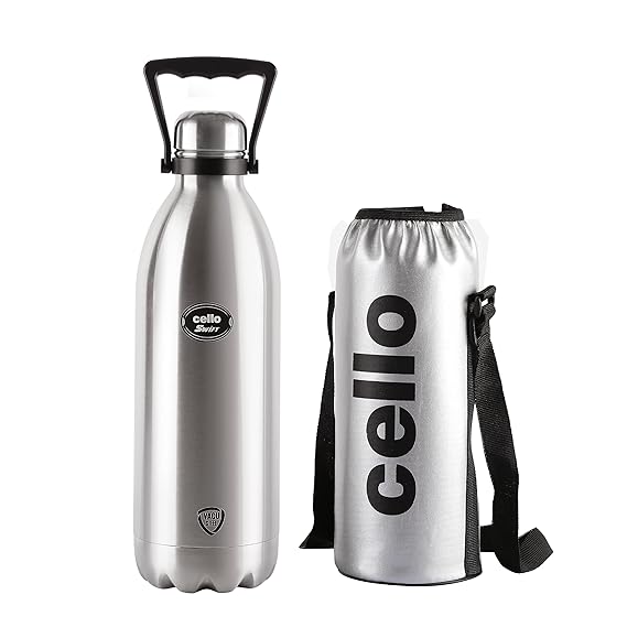 Cello Swift Thermosteel Water Bottle with Thermal Jacket 2200ml, Silver |24 Hours Hot & Cold