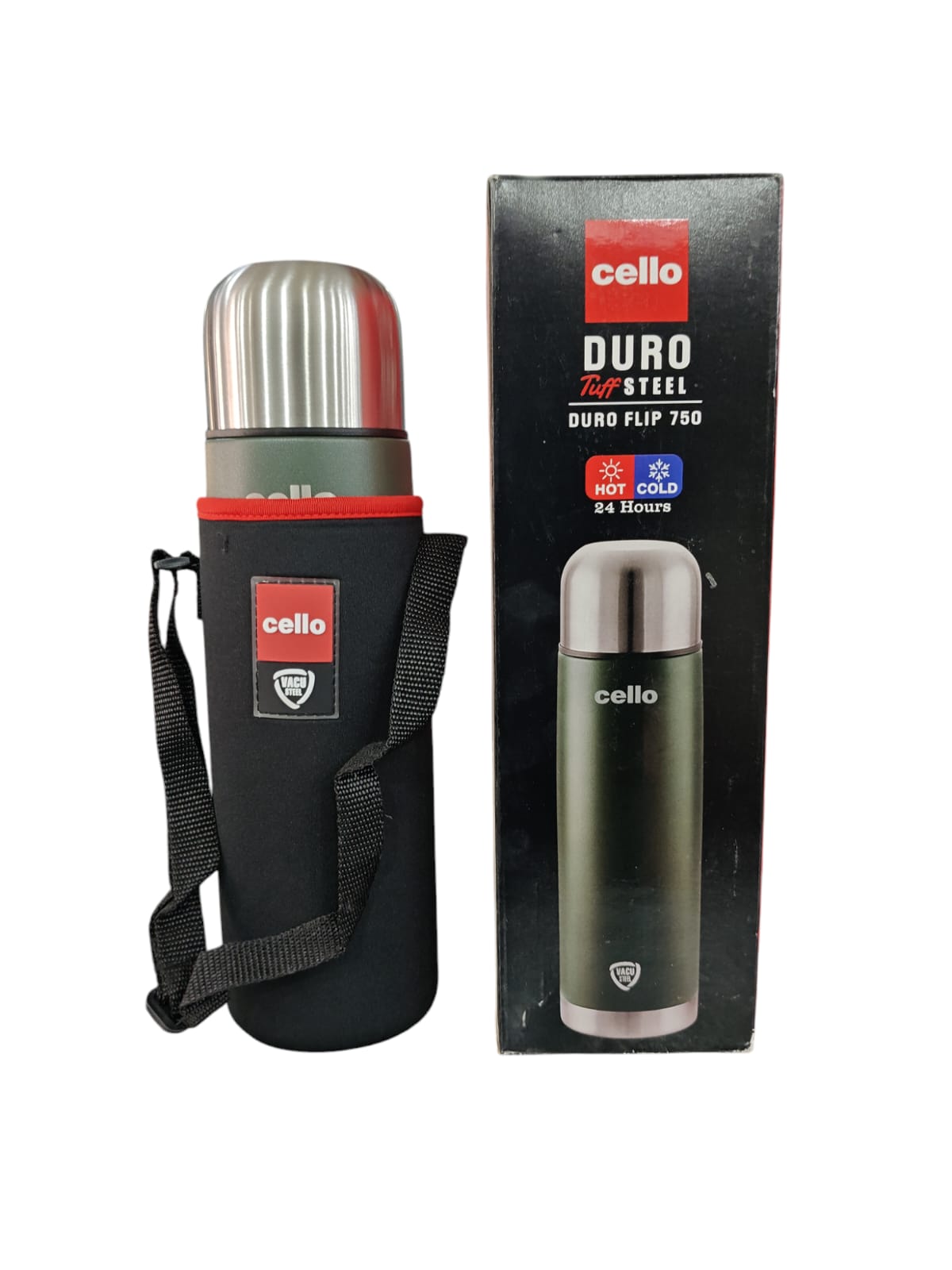 Cello Duro Flip Tuff Steel Water Bottle with Durable DTP Coating | Green 750 ml