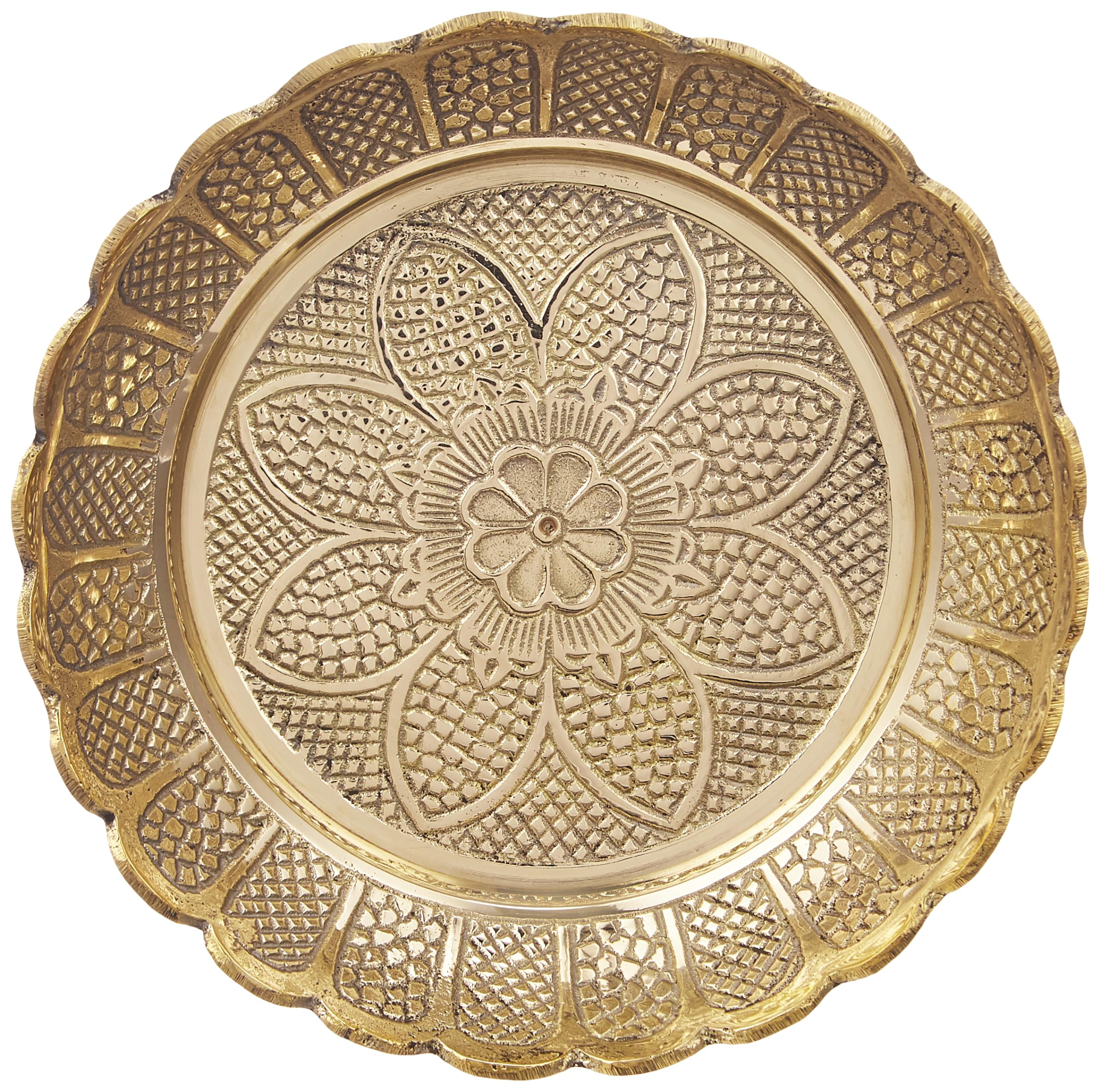 Puja Round Thali/Bhog Thali for Worship, Flower-Engraved Design (Brass, Gold Colour, 5.5 Inches)