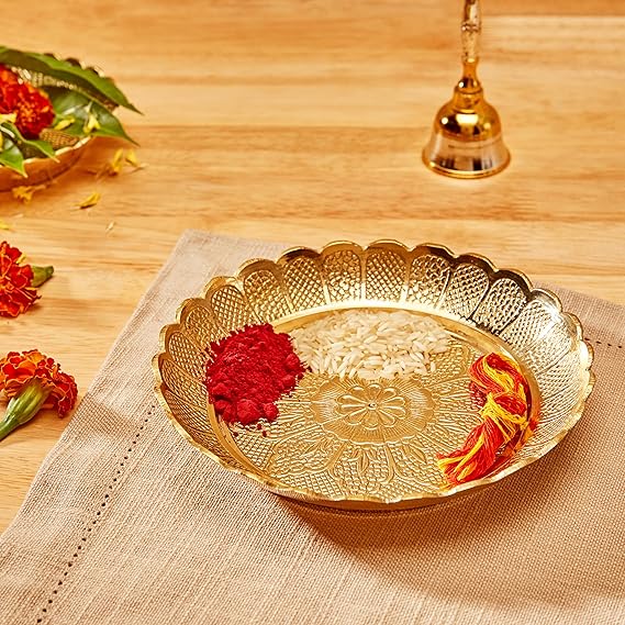 Puja Round Thali/Bhog Thali for Worship, Flower-Engraved Design (Brass, Gold Colour, 5.5 Inches)