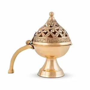 Brass Dhuna Loban Burner, Round Dhooni Dhoop Dani ( Height - 15 cm)
