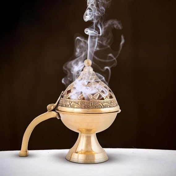 Brass Dhuna Loban Burner, Round Dhooni Dhoop Dani ( Height - 15 cm)