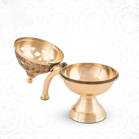 Brass Dhuna Loban Burner, Round Dhooni Dhoop Dani ( Height - 15 cm)