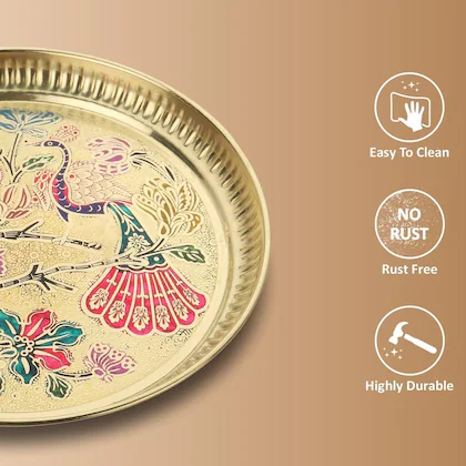 Pure Brass Peacock Print Plate| Premium Pooja thali