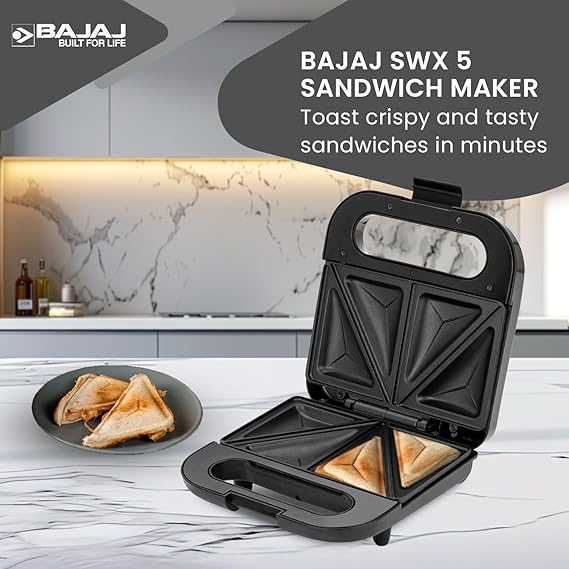 Bajaj SWX 5 800-Watt 2-Slice Sandwich Toaster | Non-Stick Coated Plates for Easy-to-Clean | Upright Compact Storage | 2 Years Warranty | Black