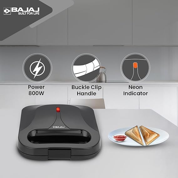 Bajaj SWX 5 800-Watt 2-Slice Sandwich Toaster | Non-Stick Coated Plates for Easy-to-Clean | Upright Compact Storage | 2 Years Warranty | Black
