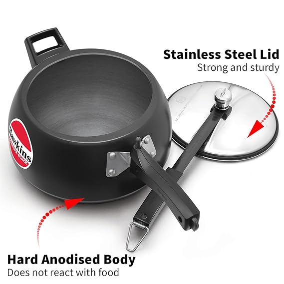 Hawkins Contura Black Pressure Cooker, Hard Anodised Inner Lid Cooker, Handi Cooker, Black