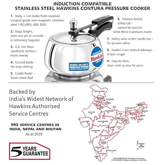 Hawkins Contura Pressure Cooker, Stainless Steel Inner Lid Cooker, Handi Cooker, Induction Cooker, Silver