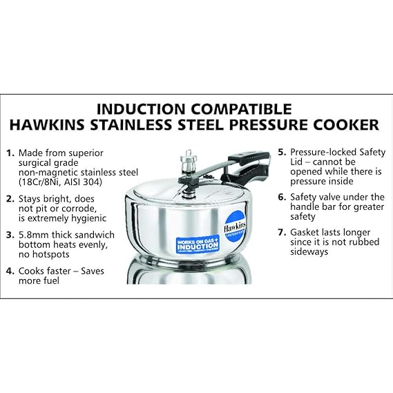 Hawkins Inner Lid Pressure Cooker, Stainless Steel Cooker, Wide Design Pan Cooker, Induction Cooker, Silver 