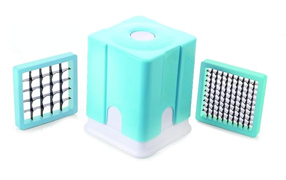 GANESH French Fries Cutter/Finger Chips/Potato Chip Maker/Dicer/Potato Chopper Direct Push Function Stainless Steel Blades - ABS Unbreakable Plastic Body in Multicolor with 2 Blades