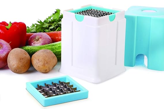 GANESH French Fries Cutter/Finger Chips/Potato Chip Maker/Dicer/Potato Chopper Direct Push Function Stainless Steel Blades - ABS Unbreakable Plastic Body in Multicolor with 2 Blades