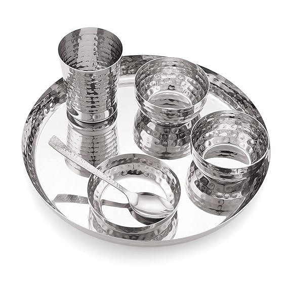 Stainless Steel Solid Hammered Finish Dinner Set of 1 Thali, 1 Plate, 2 Bowl, 1 Glass, 1 Spoon (Thali Diameter 12.5 Inch)- Set of 6, Silver, Standard