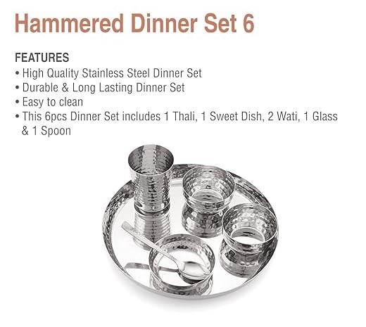 Stainless Steel Solid Hammered Finish Dinner Set of 1 Thali, 1 Plate, 2 Bowl, 1 Glass, 1 Spoon (Thali Diameter 12.5 Inch)- Set of 6, Silver, Standard
