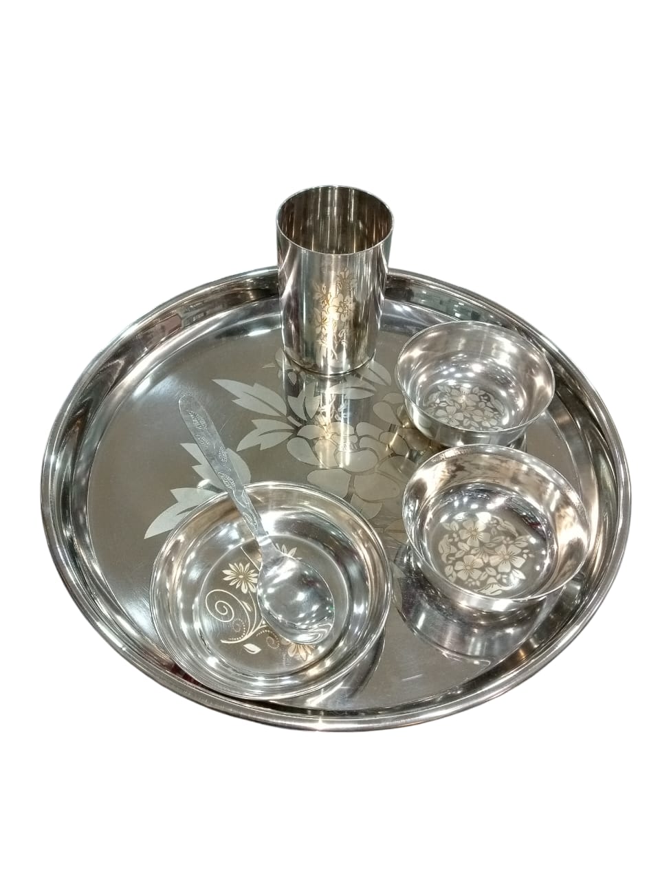 Stainless Steel Designer & Heavy gauge Dinner Set of 1 Thali, 1 Plate, 2 Bowl, 1 Glass, 1 Spoon (Thali Diameter 12 Inch)- Set of 6, Silver, Standard