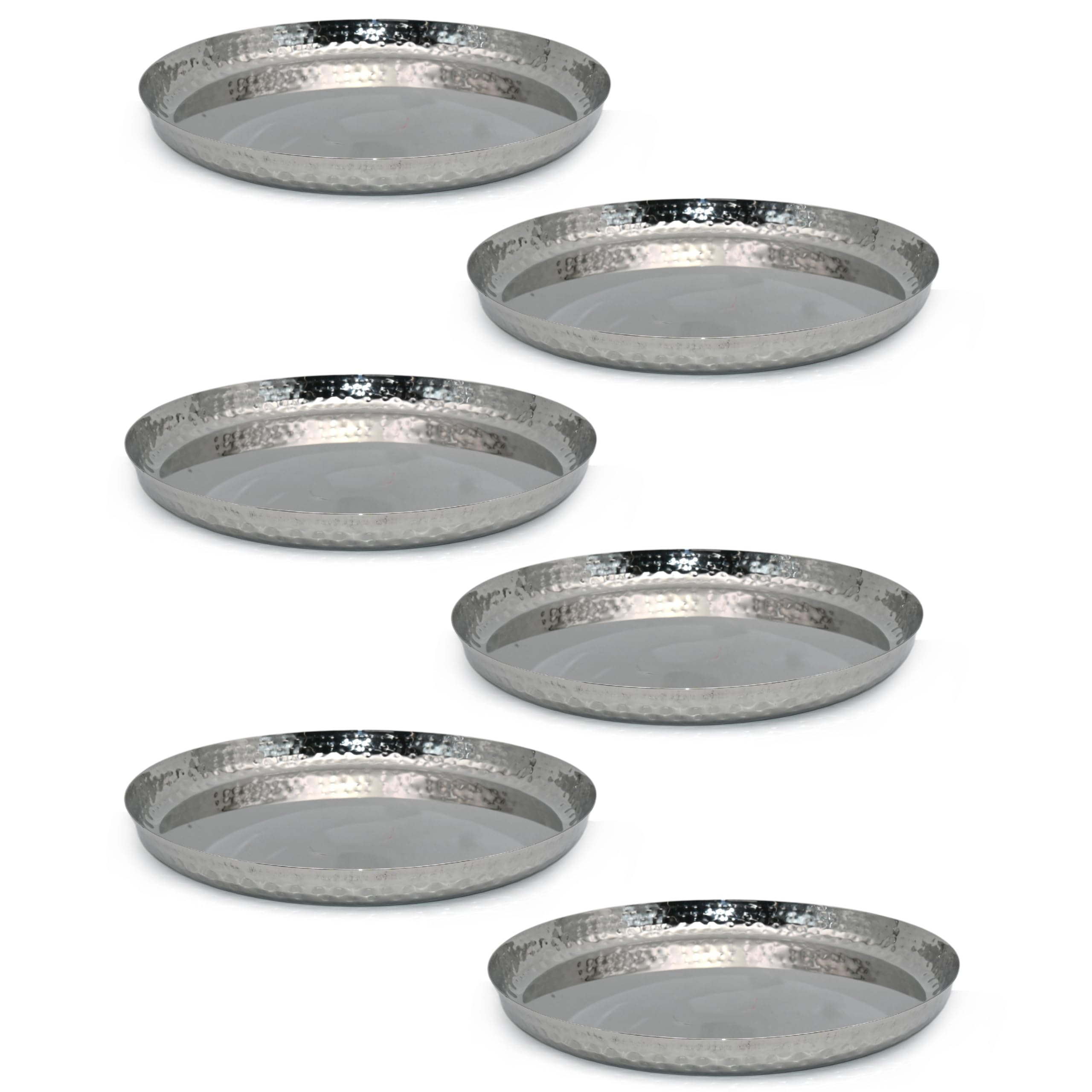 Stainless Steel Dinner Plates Set of 6 - Hammered Finish, Steel Thali for Lunch, Dinner Plate, Tiffin Plates, Dishwasher Safe