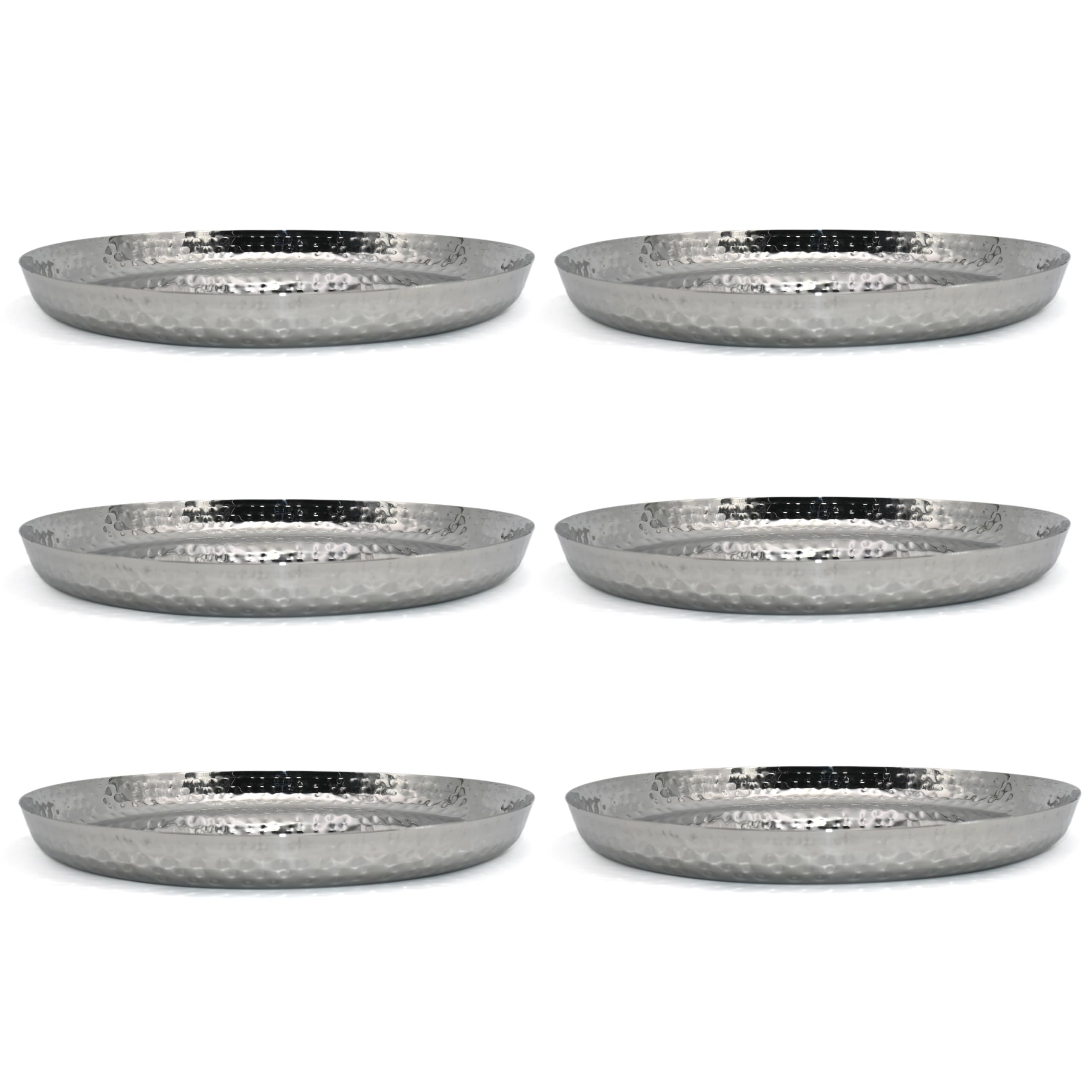 Stainless Steel Dinner Plates Set of 6 - Hammered Finish, Steel Thali for Lunch, Dinner Plate, Tiffin Plates, Dishwasher Safe