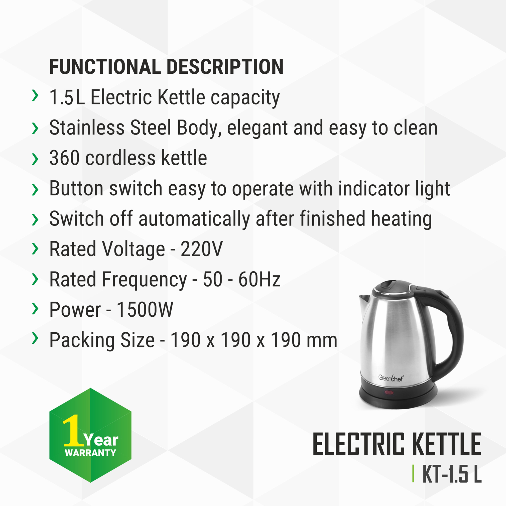 GREENCHEF Automatic Stainless Steel Electric Kettle (Silver Black,1.5L),1500 Watt