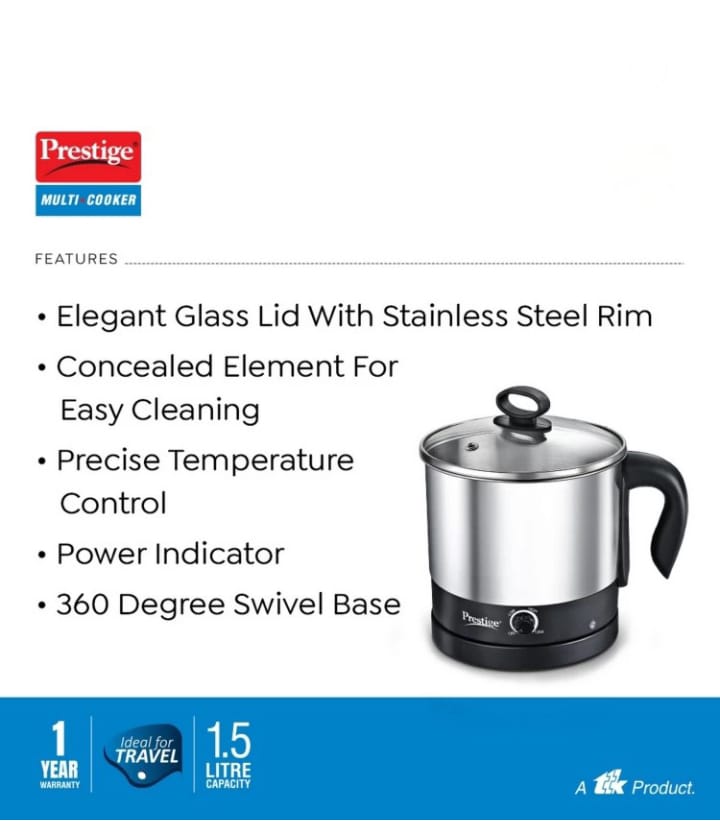 Prestige PMC 3.0+ Accessories(Idli Stand 3 plates, Egg Boiling Rack with Stand, Steamer) Multi Cooker Electric Kettle  (1.5 L, Silver, Black)