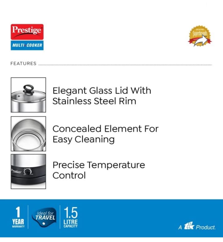 Prestige PMC 3.0+ Accessories(Idli Stand 3 plates, Egg Boiling Rack with Stand, Steamer) Multi Cooker Electric Kettle  (1.5 L, Silver, Black)