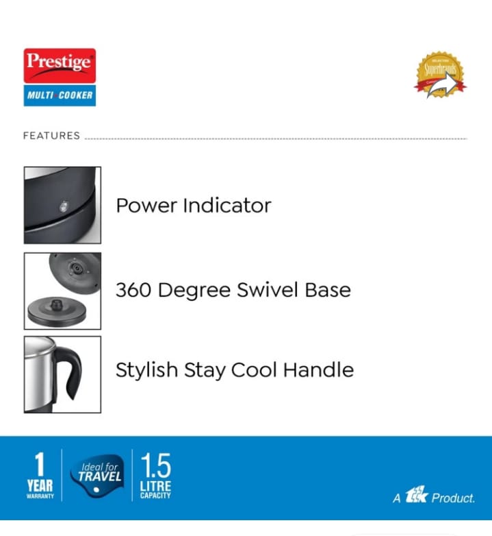 Prestige PMC 3.0+ Accessories(Idli Stand 3 plates, Egg Boiling Rack with Stand, Steamer) Multi Cooker Electric Kettle  (1.5 L, Silver, Black)