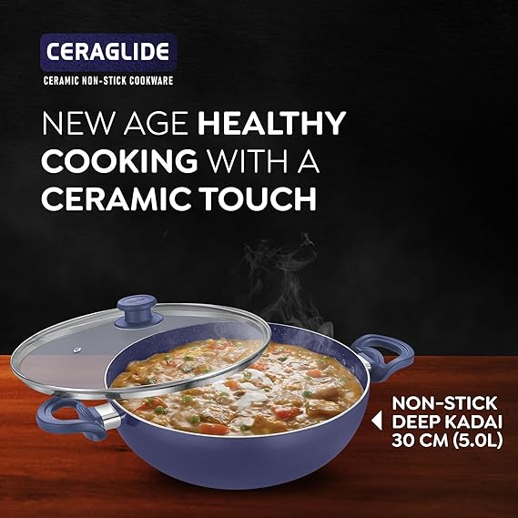 Prestige Ceraglide Ceramic Coating Non-Stick Aluminium Cookware Deep Kadai 30 Cm (5.0 Litre) With Glass Lid