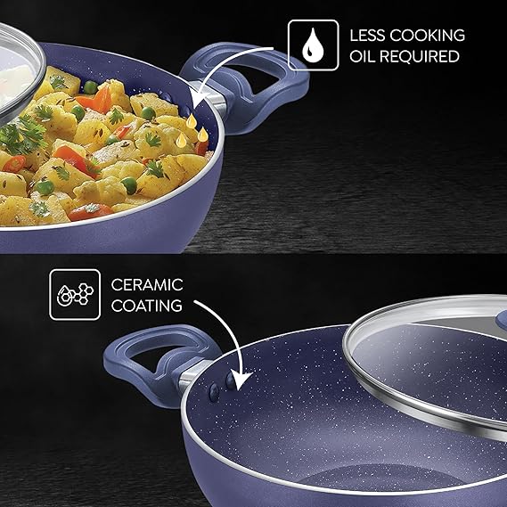 Prestige Ceraglide Ceramic Coating Non-Stick Aluminium Cookware Deep Kadai 30 Cm (5.0 Litre) With Glass Lid