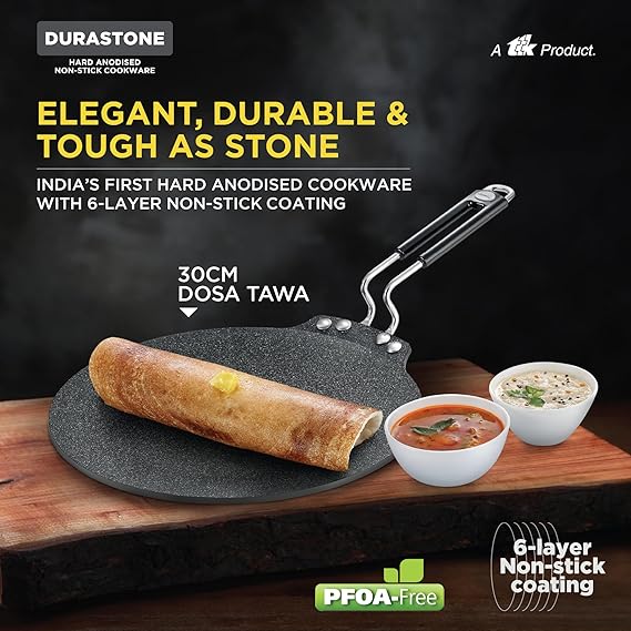 Prestige Durastone Hard Anodised Non-Stick Dosa Tawa 30cm|6 Layers Extra Durable Stone Coating|Stainless Steel Cool Touch Handles|Induction & Gas Compatible|2 Years Warranty