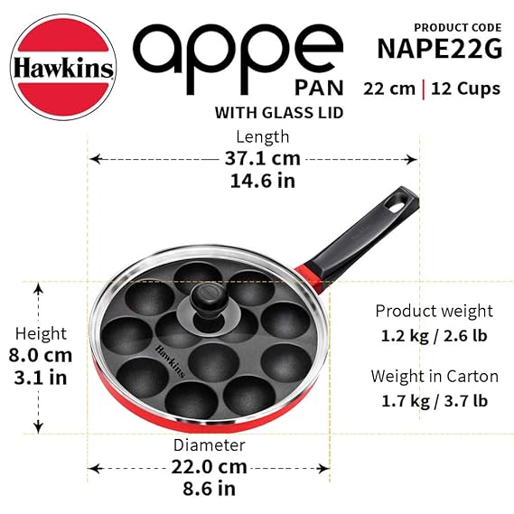 Hawkins Nonstick Appe Pan With Glass Lid, 12 Cups, Diameter 22 cm, Black , Cast Aluminium, Red
