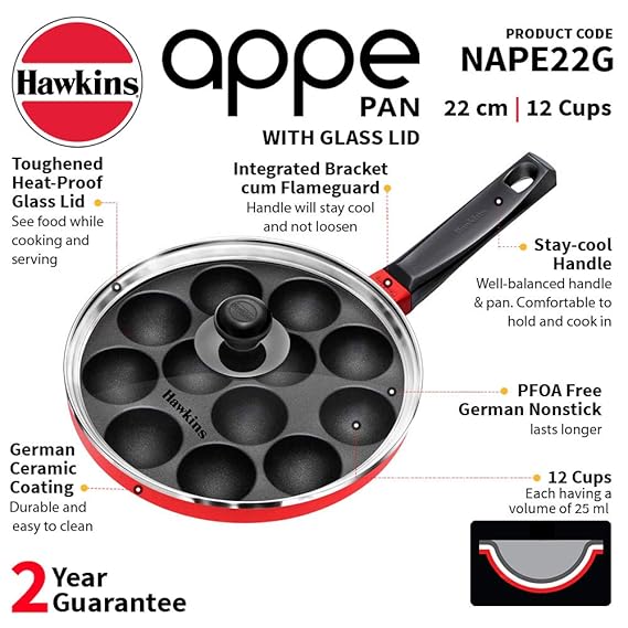 Hawkins Nonstick Appe Pan With Glass Lid, 12 Cups, Diameter 22 cm, Black , Cast Aluminium, Red