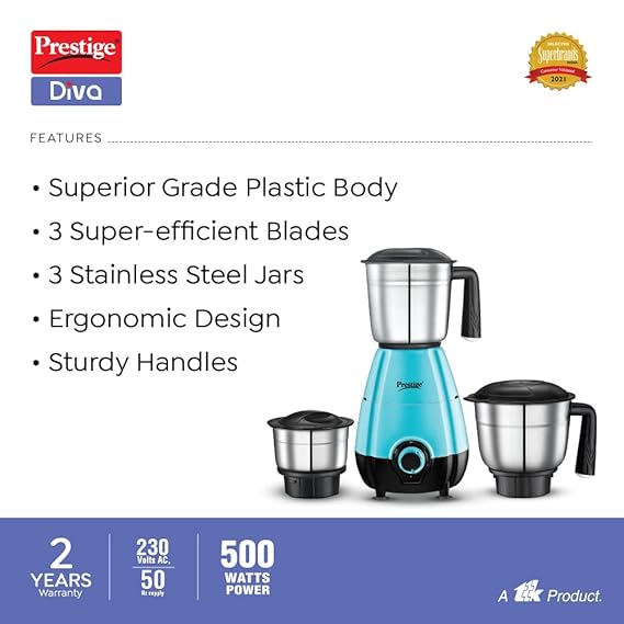 Prestige 500 Watts DIVA Mixer Grinder With 3 Stainless Steel Jars|3 Super Efficient Blades|2 years warranty|(Blue & Black)