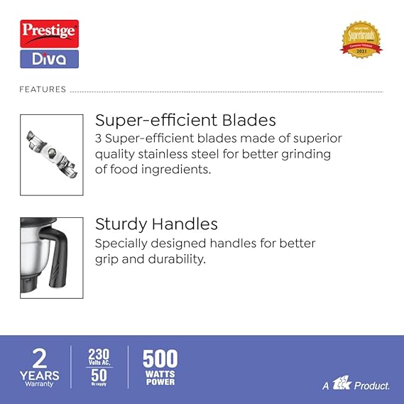 Prestige 500 Watts DIVA Mixer Grinder With 3 Stainless Steel Jars|3 Super Efficient Blades|2 years warranty|(Blue & Black)
