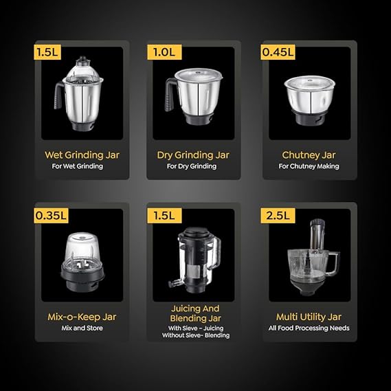 Prestige Endura Pro 1000W Multi Functional Mixer Grinder With Ball Bearing Technology|6 Jars With Food Processing Attachments |14 Different Functionalities | Black & Silver - 1000 Watts