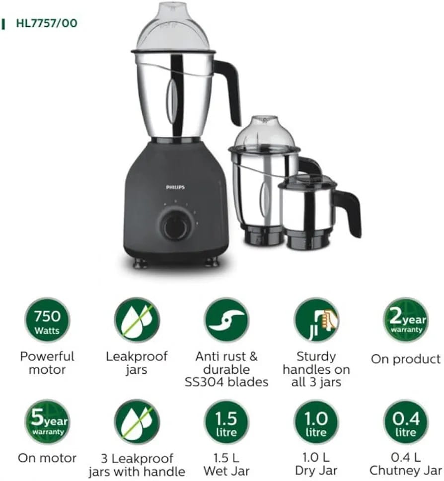 PHILIPS HL7757/00 750 W Mixer Grinder  (HL7757/00 | 3 Jars | Black)